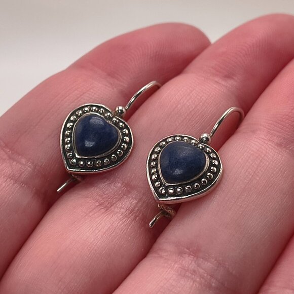 Sterling Silver HAN 925 Blue Heart Cabochon Earrings - Picture 2 of 9